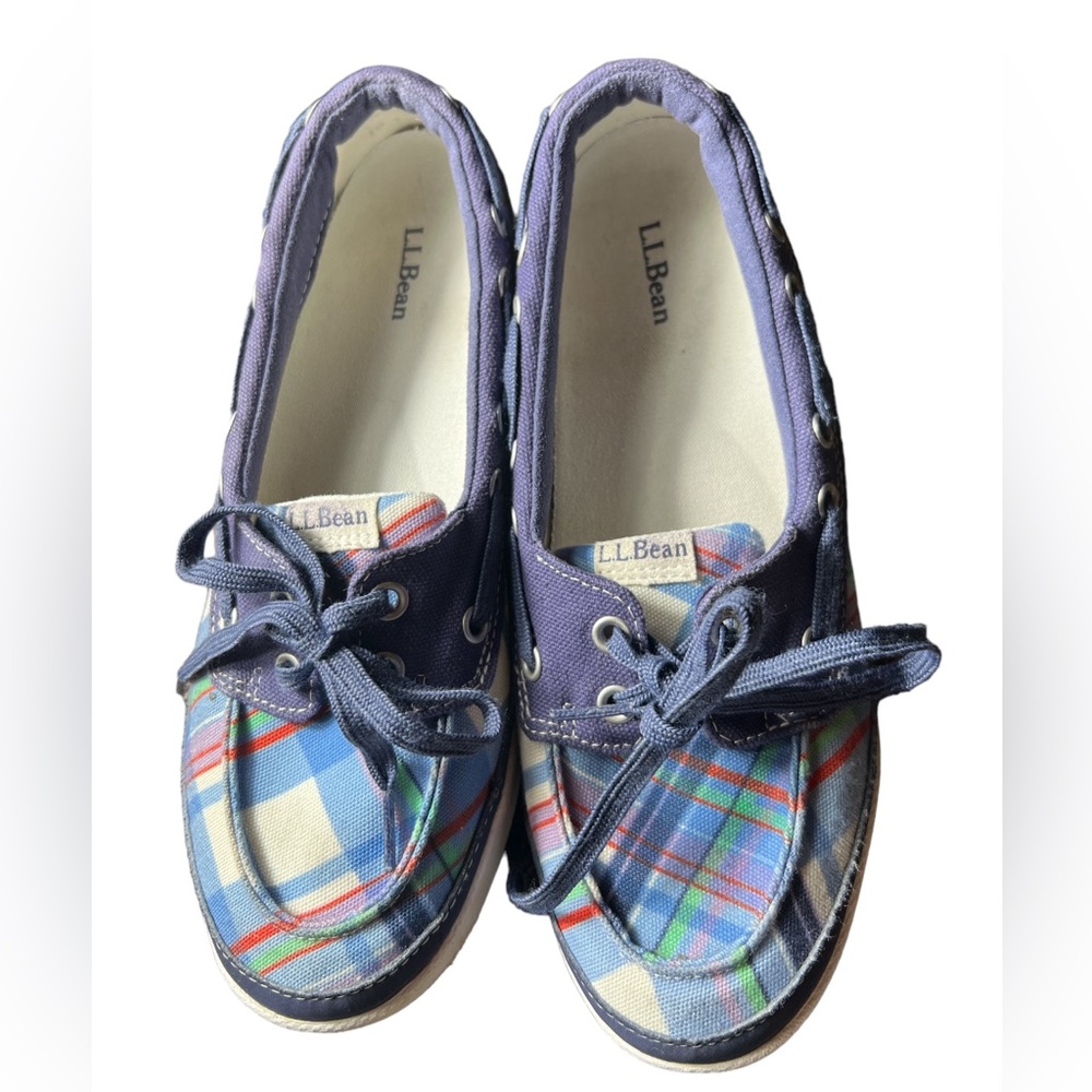 L.L.Bean Womens Boat Shoes Multicolor Plaid Moc Toe Lace Up